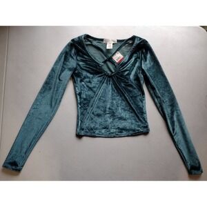 Planet Gold Velvet Keyhole Long Sleeve Top Deep Teal XS